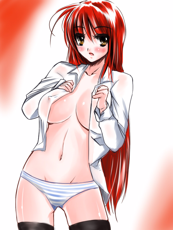 atoshi bad_id bad_pixiv_id blush breasts brown_eyes huge_breasts long_hair no_bra open_clothes open_shirt original panties red_hair shirt solo striped striped_panties thighhighs underwear