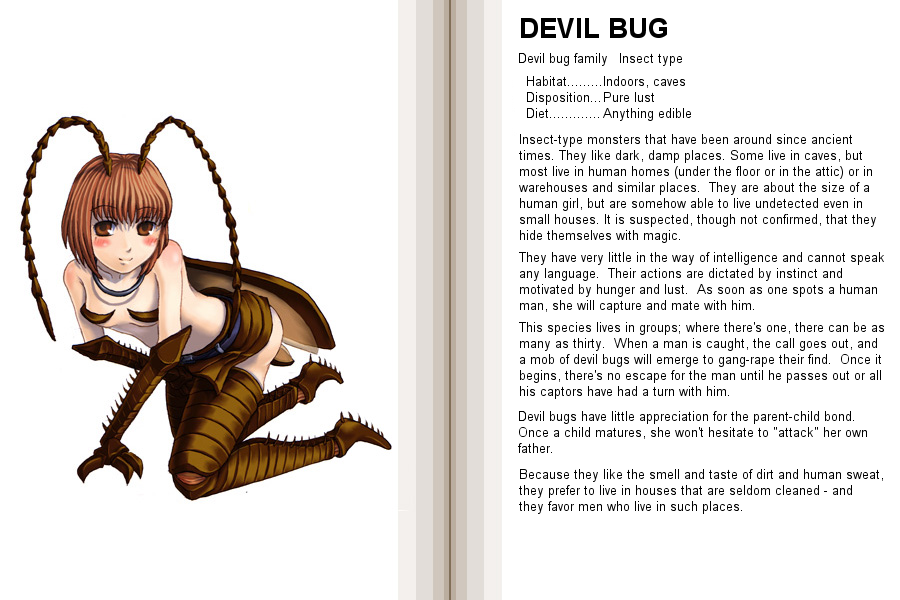 all_fours antennae blush brown_eyes brown_hair bug character_profile cockroach devil_bug english hard_translated insect insect_girl insect_wings kenkou_cross monster_girl monster_girl_encyclopedia official_art skirt solo thighhighs translated wings
