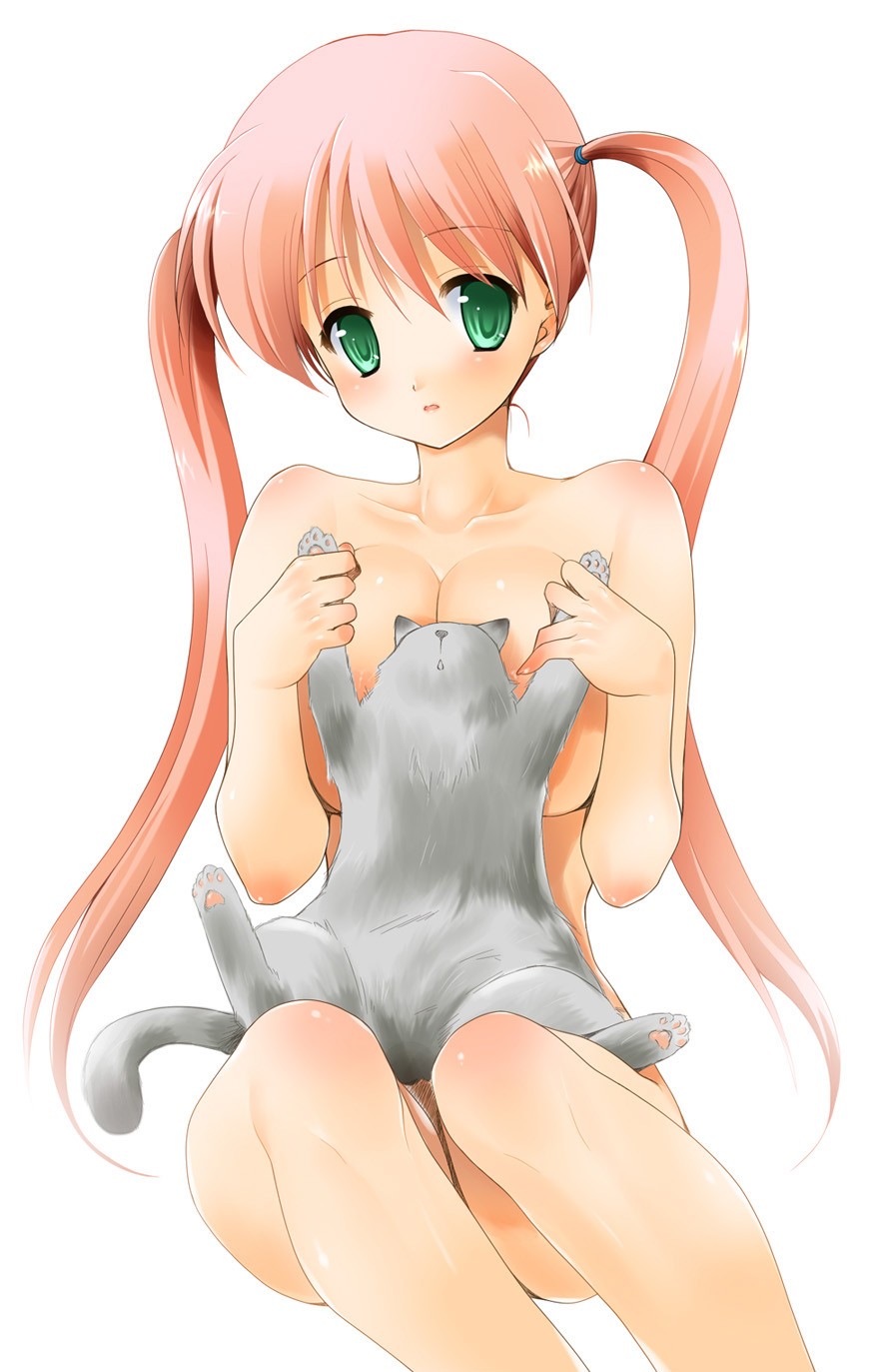 breast_squeeze breasts cat convenient_censoring copyright_request green_eyes highres kurosawa_kiyotaka large_breasts long_hair nude red_hair solo twintails