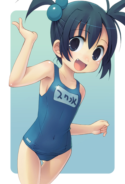 armpits bad_id bad_pixiv_id black_eyes black_hair fang flat_chest happy kahama_youko name_tag one-piece_swimsuit original school_swimsuit short_hair solo swimsuit thigh_gap
