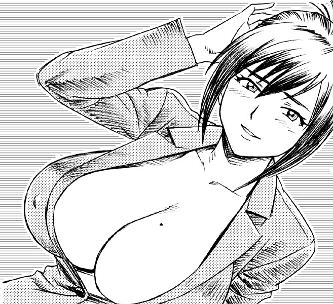 blush breasts business_suit cleavage covered_nipples dutch_angle formal fusano_fumie greyscale huge_breasts milk_junkies milk_junkies_2 mole mole_on_breast monochrome no_bra short_hair smile solo suit tatsunami_youtoku