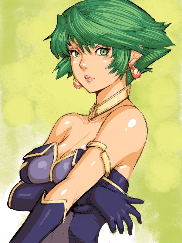 aya_kobayashi bare_shoulders breasts cleavage earrings elbow_gloves fumio_(rsqkr) gloves green_eyes green_hair jewelry medium_breasts short_hair solo super_robot_wars