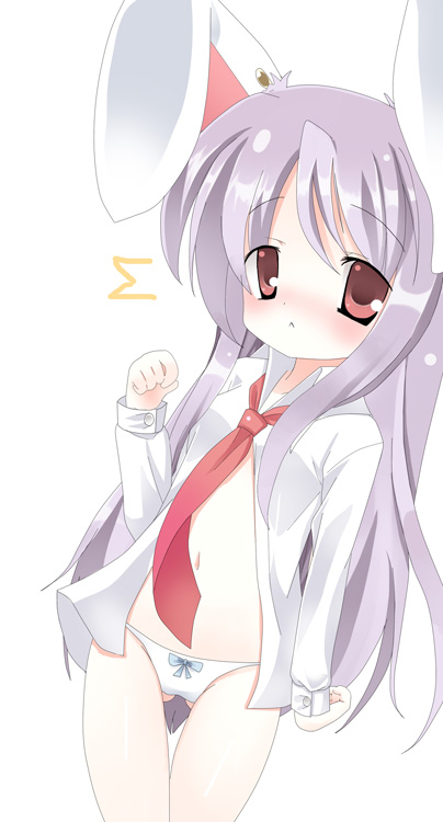 1girl :&lt; animal_ears bad_id bad_pixiv_id blush bunny_ears necktie no_pants omiso_(omiso) open_clothes open_shirt panties purple_hair red_eyes red_neckwear reisen_udongein_inaba shirt simple_background solo touhou underwear white_background