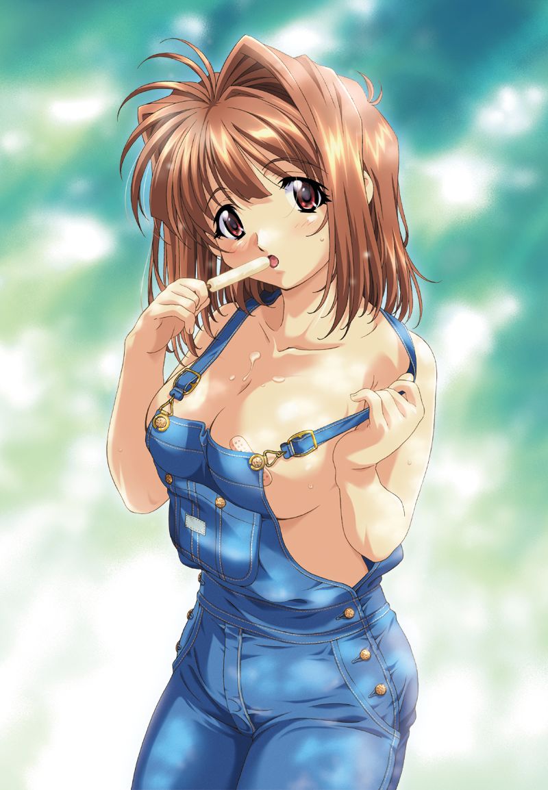bandaid bandaids_on_nipples breasts brown_hair cleavage denim food kawai_rie large_breasts lovers messy naked_overalls open_mouth overalls pasties popsicle red_eyes sexually_suggestive short_hair sideboob solo strap_slip taki_minashika