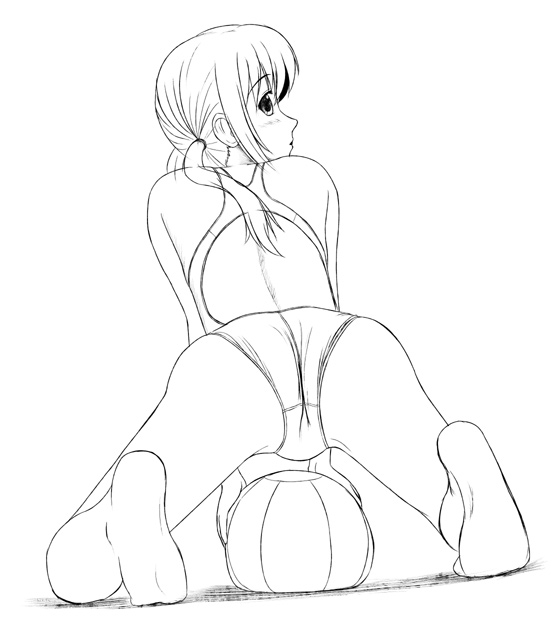 arched_back arm_support ass back ball barefoot beachball competition_swimsuit feet from_behind greyscale kneeling leaning_forward looking_back monochrome one-piece_swimsuit original sidelocks soles solo swimsuit tk4 twintails wedgie