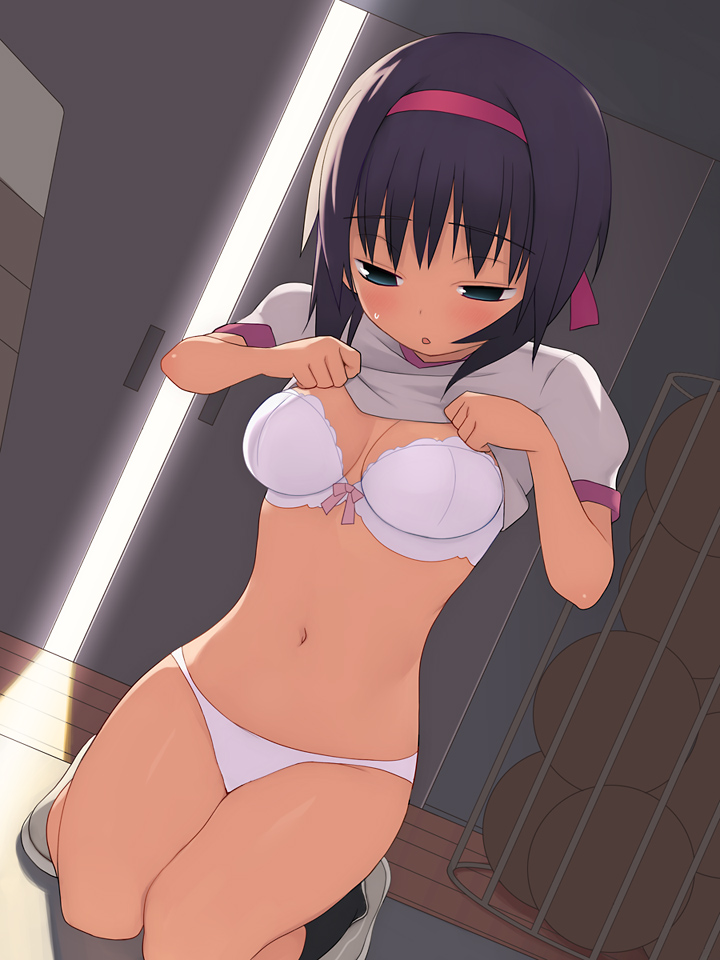 black_hair bra breasts copyright_request gym_storeroom gym_uniform hairband indoors large_breasts lingerie non-web_source nora_higuma panties short_hair solo underwear undressing