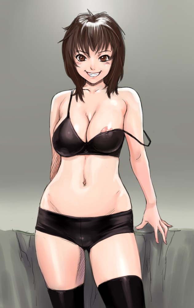 areolae bra breasts brown_eyes brown_hair cleavage curvy derivative_work ebisui grin large_breasts lingerie midriff nipple_slip nipples original see-through short_hair short_shorts shorts smile solo strap_slip thighhighs underwear wide_hips