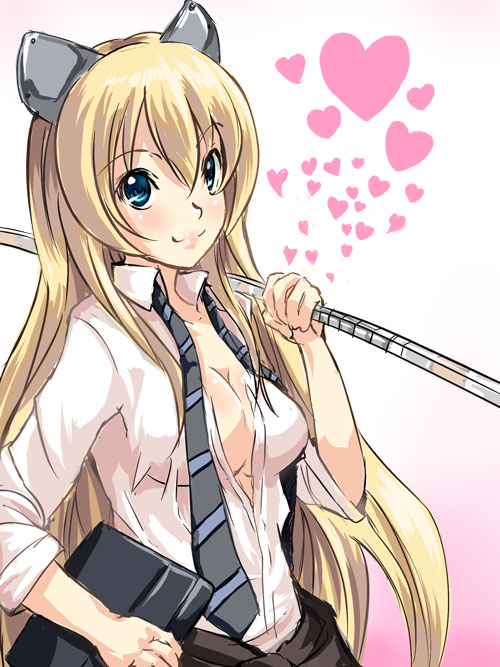 blonde_hair blue_eyes breasts cleavage druaga_no_tou fatina gin'ichi_(akacia) large_breasts long_hair necktie open_clothes open_shirt school_uniform shirt sleeves_rolled_up solo