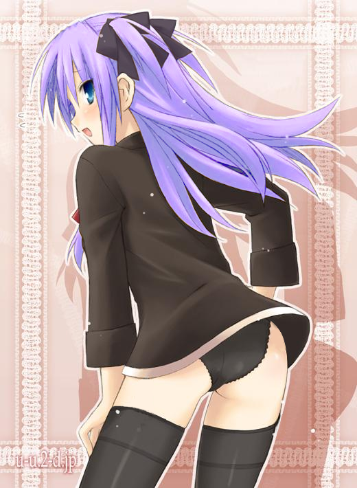 blue_eyes hair_ribbon hiiragi_kagami lucky_star purple_hair ribbon solo thighhighs third-party_edit twintails