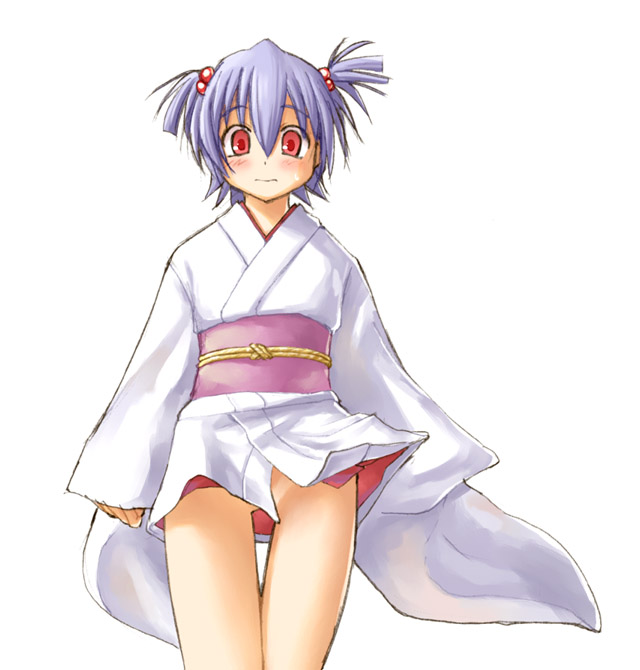arms_at_sides blue_hair blush bottomless clenched_hand closed_mouth clothes_lift convenient_censoring cowboy_shot hair_between_eyes izumi_ako japanese_clothes kasuga_yukihito kimono kimono_lift long_sleeves looking_at_viewer mahou_sensei_negima! no_panties obi purple_hair red_eyes sash short_hair short_kimono simple_background sleeves_past_fingers sleeves_past_wrists solo surprised sweat thigh_gap two_side_up white_background white_kimono wind wind_lift