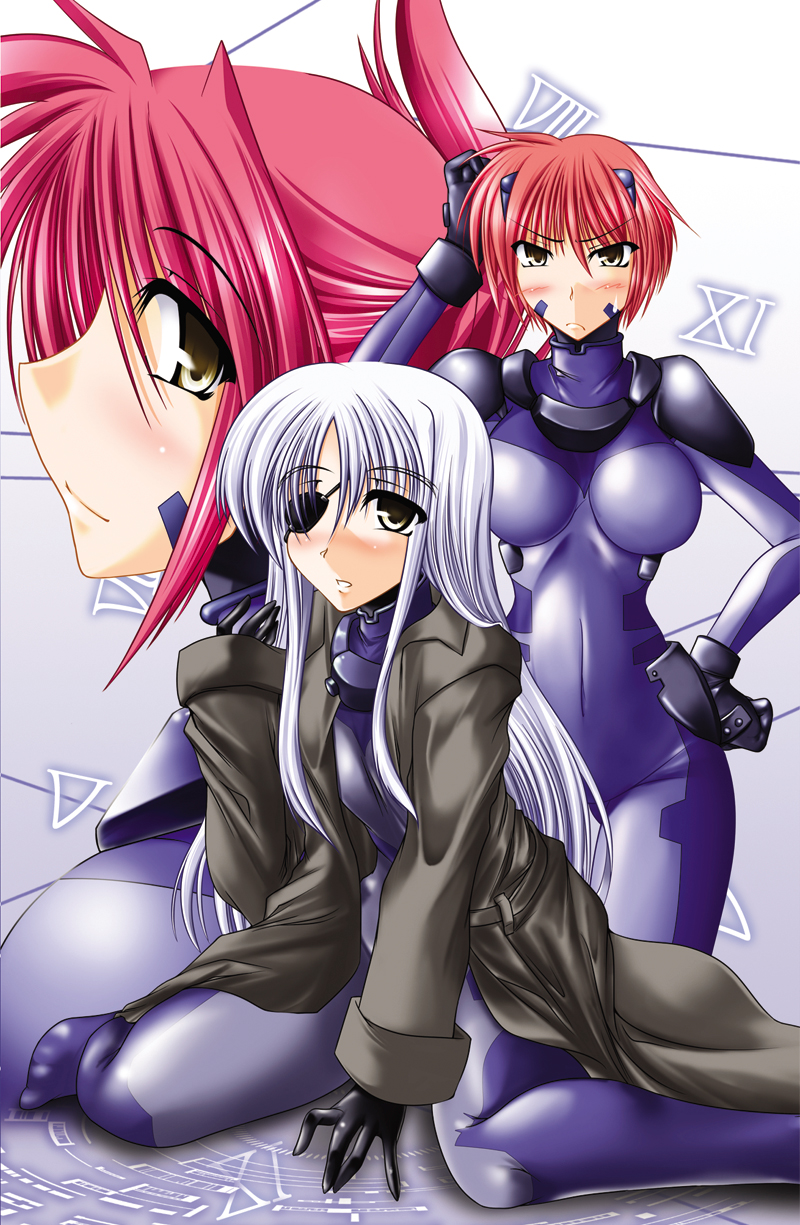 blush bodysuit cinque_(nanoha) eyepatch gloves grey_eyes highres long_hair lyrical_nanoha mahou_shoujo_lyrical_nanoha_strikers multiple_girls nove_(nanoha) numbers'_uniform numbers_(nanoha) red_hair shiny shiny_clothes short_hair skin_tight spandex trench_coat wendi_(nanoha)