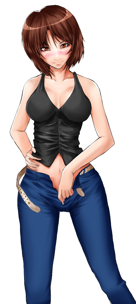 bad_id bad_pixiv_id bare_shoulders belt blastbeat blush breasts breasts_apart brown_hair cleavage denim jeans large_breasts looking_at_viewer midriff no_bra open_fly original pants short_hair simple_background solo undressing unzipped unzipping white_background zipper