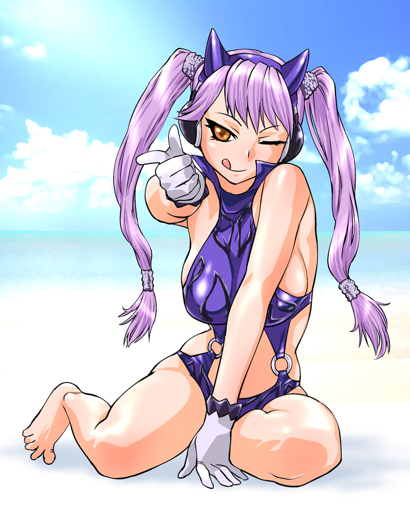 ;p ;q barefoot beach between_legs breasts casual_one-piece_swimsuit cloud day finger_gun genderswap genderswap_(mtf) gloves horns kamen_rider kamen_rider_den-o_(series) large_breasts long_hair ocean one-piece_swimsuit one_eye_closed outdoors popped_collar purple_hair ryutaros sideboob sitting solo swimsuit tongue tongue_out twintails ueyama_michirou yokozuwari