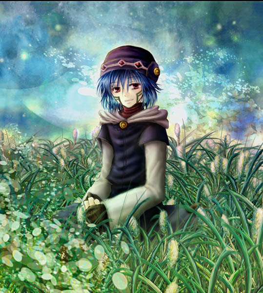 .hack//games 1boy bad_id bad_pixiv_id blue_hair elk_(.hack//) facial_mark field fingerless_gloves for_all_z gloves grass hat male_focus outdoors red_eyes sitting sky smile solo turtleneck