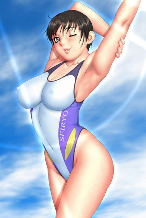 ;d ahoge arm_grab armpits arms_up ass bangs black_hair blush breasts brown_eyes cleavage cloud competition_swimsuit covered_nipples cowboy_shot day game_cg highleg highleg_swimsuit impossible_clothes impossible_swimsuit katsuragi_ayumi large_breasts light_rays lips looking_at_viewer navel one-piece_swimsuit one_eye_closed open_mouth outdoors profile short_hair sister_mermaid sky smile solo standing stretch sunbeam sunlight swimsuit thick_thighs thighs tsukasa_jun wide_hips