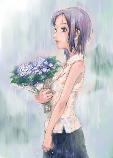 bouquet copyright_request flower hydrangea rain sasagawa_(haikaiki) see-through short_hair solo wet wet_clothes