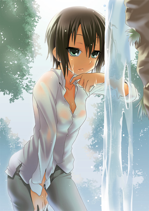androgynous breasts brown_hair cleavage day dress_shirt green_eyes hand_on_thigh kino kino_no_tabi long_sleeves looking_at_viewer nilitsu outdoors pants parted_lips reverse_trap shirt short_hair small_breasts solo tree water wet wet_clothes white_shirt