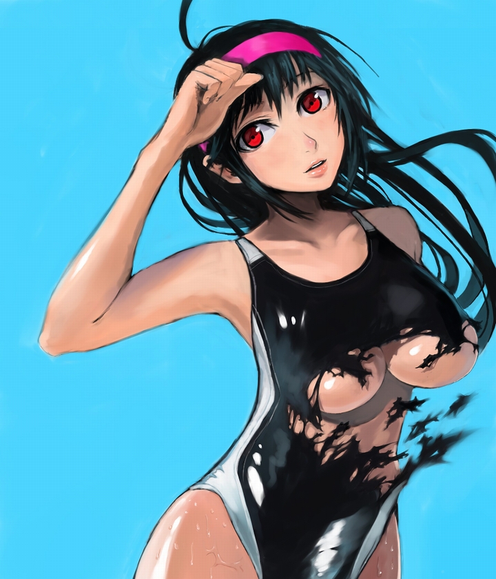 bad_id bad_pixiv_id beni-syoga black_hair breasts competition_swimsuit hairband large_breasts long_hair one-piece_swimsuit original pink_hairband red_eyes single_vertical_stripe solo swimsuit torn_clothes torn_swimsuit underboob