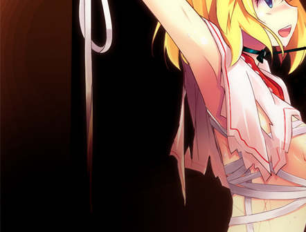 :d alice_margatroid armpits bandages bdsm black_background blonde_hair blush breasts budget_sarashi capelet choker green_eyes leash lowres open_mouth renee sarashi simple_background small_breasts smile solo source_request torn_clothes touhou upper_body