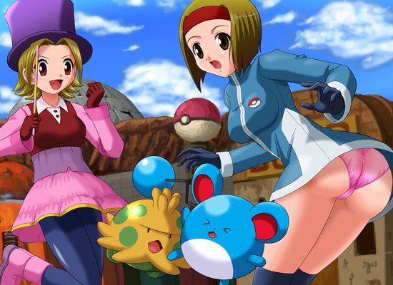 ace_trainer_(pokemon) ass breasts character_request gloves hat headband leggings marill npc_trainer panties pantyshot pokemoa pokemon pokemon_(game) pokemon_colosseum shroomish skirt soara street_performer_(pokemon) underwear