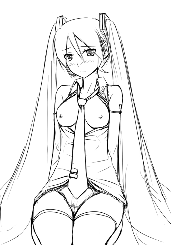 breasts greyscale hatsune_miku headset long_hair medium_breasts monochrome necktie nipples open_clothes open_shirt panties shirt solo thighhighs twintails underwear very_long_hair vocaloid yoshino_gaya