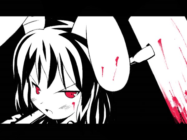animal_ears artist_request black_background blood blood_on_face bloody_weapon bunny_ears face frown hammer inaba_tewi letterboxed looking_at_viewer monochrome open_mouth pink_eyes short_hair simple_background solo spot_color touhou weapon