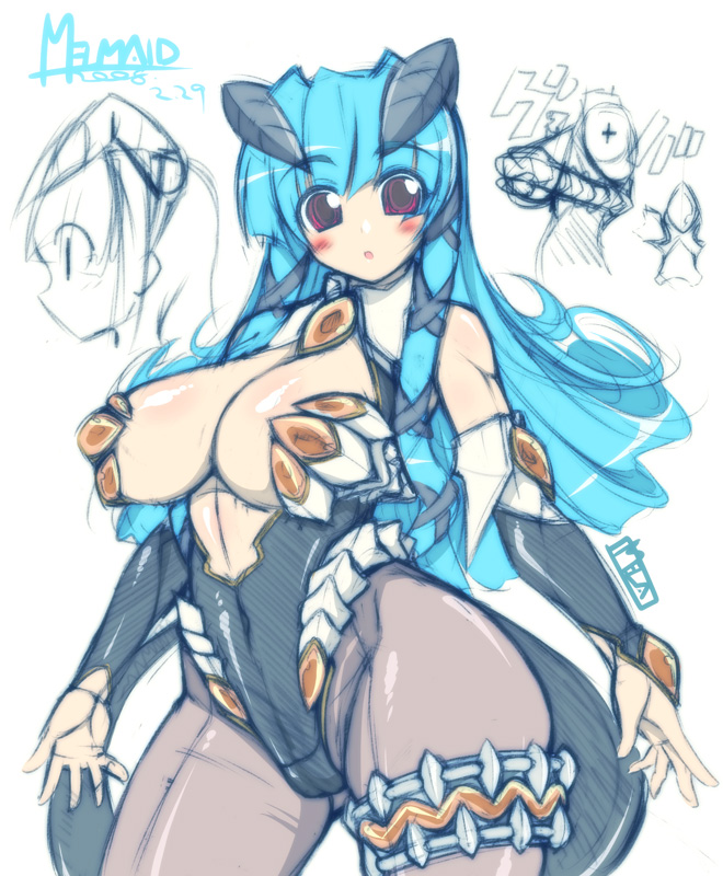 :o armor blue_hair bluesky_melty blush breasts cleavage cosplay demon_girl horns huge_breasts long_hair mel/a melmaid mound_of_venus navel red_eyes tail