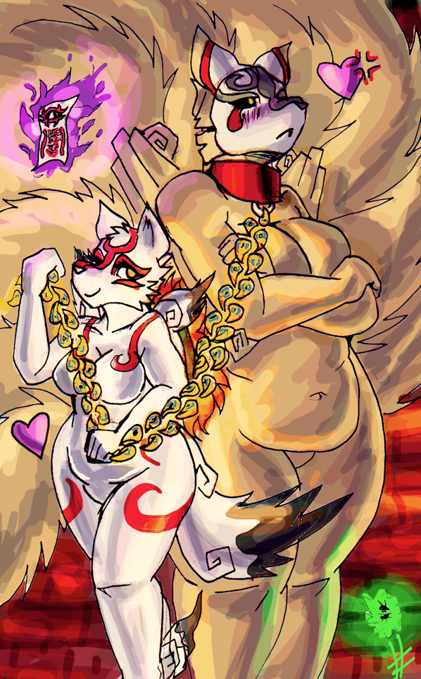 amaterasu anthro breasts canid canine canis capcom crossed_arms deity duo female fur issun leash mammal manpersonguy markings mask mixed_media_(artwork) mrease multi_tail ninetails_(okami) nude petplay roleplay sprite tobi_(okami) tsundere video_games white_fur wolf ōkami
