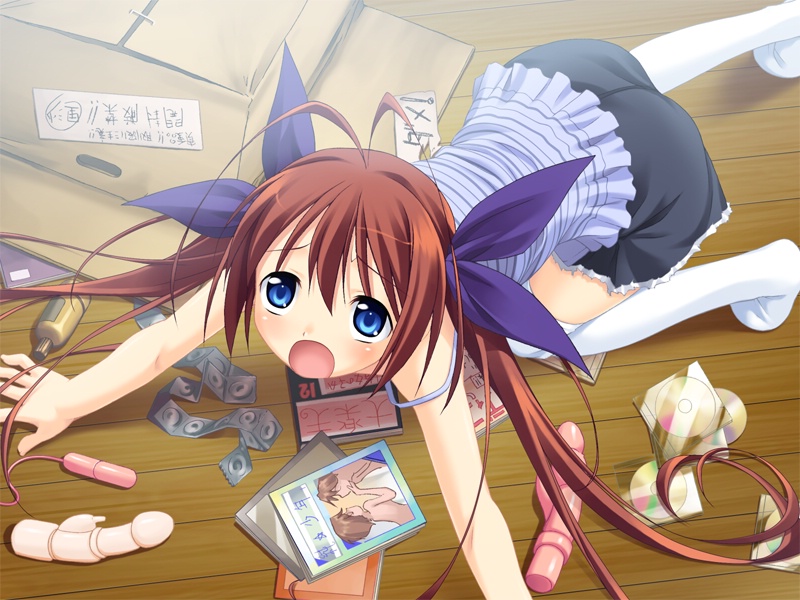 :o all_fours antenna_hair blue_eyes box brown_hair cardboard_box caught cd condom condom_packet_strip condom_wrapper dildo embarrassed game_cg long_hair magazine messy mizuki_kotora open_mouth oumi_risa partially_translated skirt solo surprised thighhighs translation_request twintails vibrator wanko_to_kurasou white_legwear zettai_ryouiki