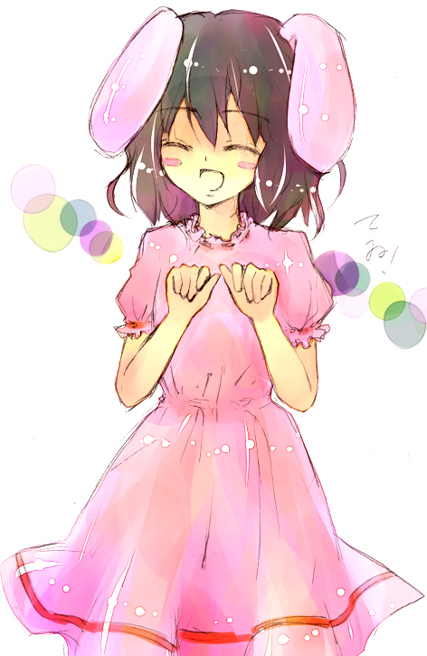 :d ^_^ ^o^ animal_ears bad_id bad_pixiv_id black_hair blush bunny_ears closed_eyes cowboy_shot dress inaba_tewi open_mouth paw_pose pink_dress puffy_short_sleeves puffy_sleeves sadashiki short_hair short_sleeves smile solo standing touhou