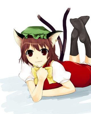 animal_ears brown_eyes brown_hair cat_ears cat_tail chen earrings feet hat jewelry lowres multiple_tails ruit short_hair socks solo tail toe-point touhou