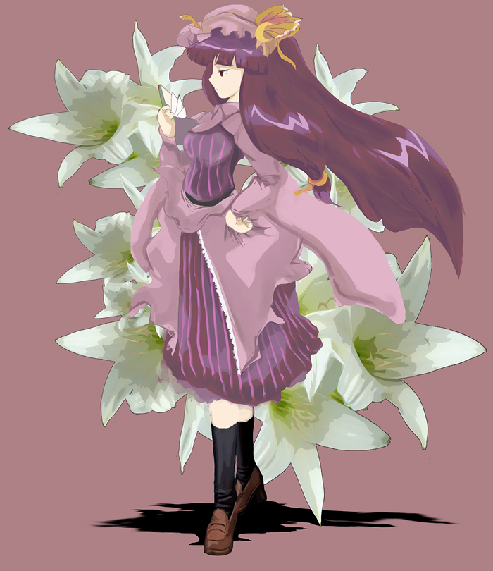 adapted_costume black_legwear floral_background flower from_side full_body hand_on_hip hat hinode_kakeru kneehighs lily_(flower) loafers long_hair patchouli_knowledge purple_background purple_hair shoes solo standing touhou