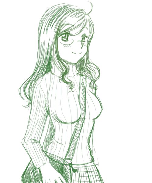 artist_request between_breasts breasts copyright_request glasses green monochrome non-web_source sketch solo strap_cleavage sweater