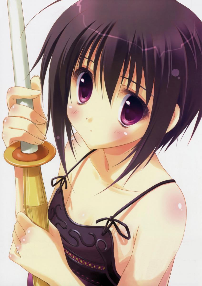 armor bamboo_blade highres kawazoe_tamaki purple_eyes purple_hair ryouka_(suzuya) shinai solo sword weapon