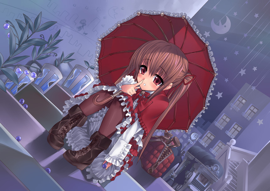 boots brown_hair copyright_request pantyhose red_eyes ribbon solo star suzume_inui twintails umbrella