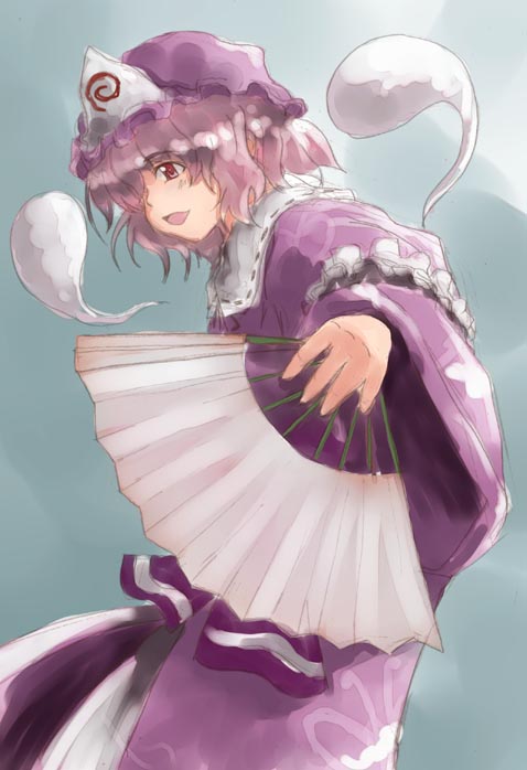 :o arm_garter artist_request cowboy_shot dress expressionless floating frills ghost hat hitodama holding long_sleeves looking_at_viewer mob_cap open_mouth purple_dress saigyouji_yuyuko solo standing touhou triangular_headpiece