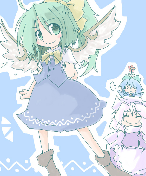 3girls bad_id bad_pixiv_id boots cirno daiyousei green_hair letty_whiterock multiple_girls touhou wings