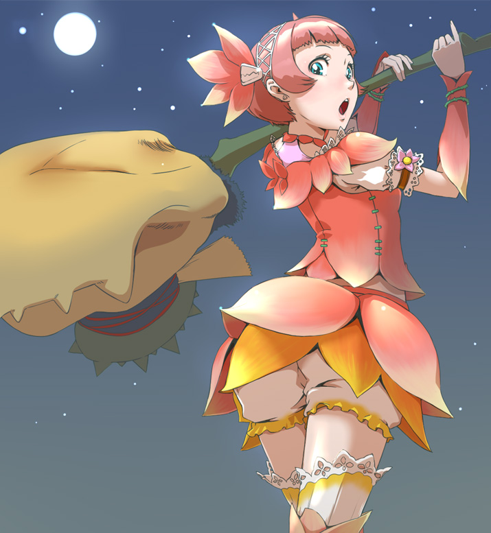 :o armband armor bangs bloomers blue_eyes blunt_bangs crossed_legs detached_sleeves earrings face flower frills from_behind full_moon hair_flower hair_ornament hairband huge_weapon jewelry lace lace-trimmed_thighhighs looking_back melahoa_(armor) monster_hunter moon night night_sky open_mouth outdoors pink_hair pinky_out plant short_hair skirt sky solo standing star_(sky) starry_sky surprised thighhighs toshi_punk underwear upskirt vines weapon white_bloomers wristband