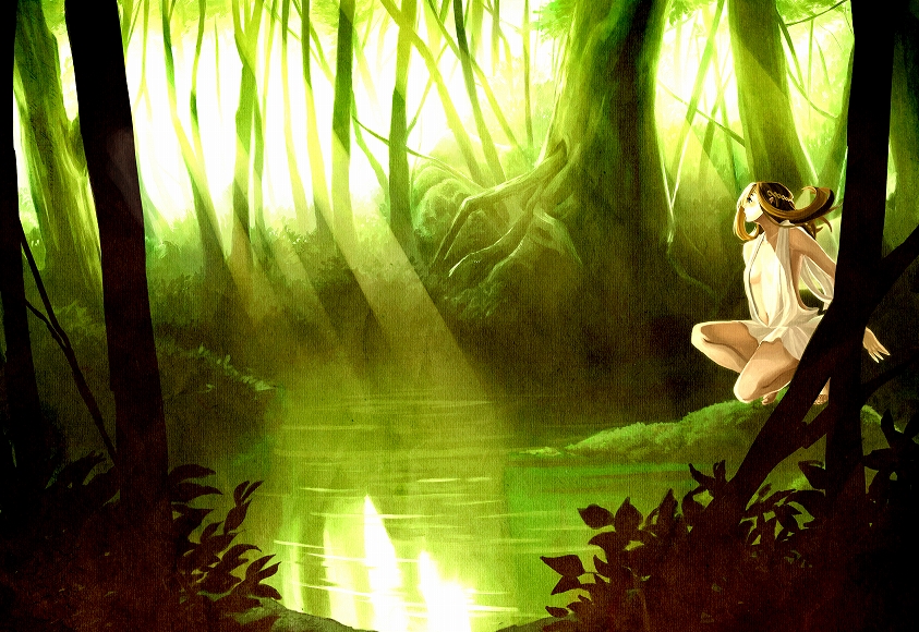 bad_id bad_pixiv_id brown_eyes brown_hair chiton copyright_request dress elf fairy forest nature plant pointy_ears scenery siro solo sunlight tree water white_dress wings