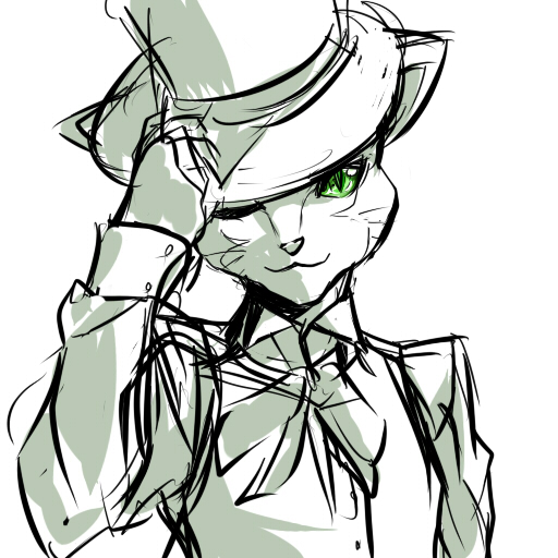 commentary_request formal furry green_eyes hat hat_tip male_focus monochrome nana_g neko_no_ongaeshi sketch solo spot_color suit the_baron top_hat