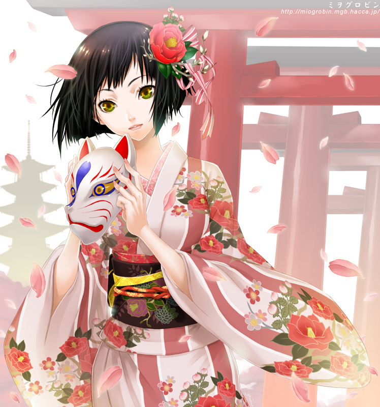 black_hair camellia cherry_blossoms floral_print flower fox_mask japanese_clothes kimono mask miogrobin original petals short_hair solo torii yellow_eyes