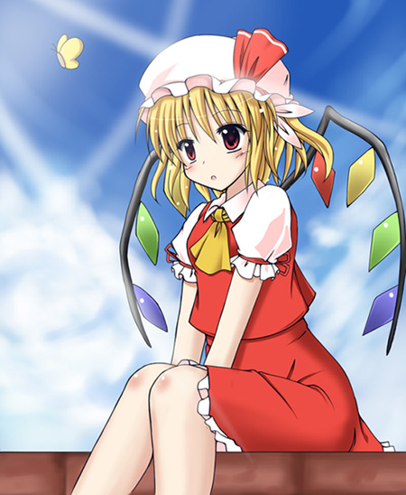 blonde_hair blush bug butterfly cloud day exe_(xe) flandre_scarlet hat insect light_rays red_eyes short_hair sitting sky solo sunbeam sunlight touhou wings