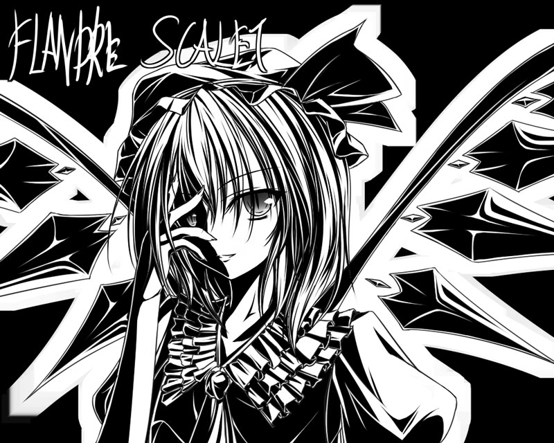 amicis character_name collar crystal demon_wings evil_smile flandre_scarlet frills greyscale hair_over_one_eye looking_at_viewer monochrome parted_lips smile solo touhou upper_body vampire wings