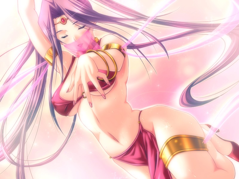 alternate_costume alternate_hairstyle arabian_clothes arm_ribbon arm_up armlet armpits ayame_neuendorf bangle bikini bracelet breasts breasts_apart circlet closed_eyes covered_nipples dancer dancing dungeon_crusaderz dutch_angle fingernails floating_hair foreshortening game_cg gem gradient gradient_background hair_down high_heels jewelry large_breasts leg_lift lipstick loincloth long_fingernails long_hair m&amp;m makeup nail_polish navel neck_ring o-ring o-ring_bikini o-ring_top outline outstretched_arm pink_bikini pink_nails purple_hair ribbon see-through shoes skindentation smile solo sparkle standing standing_on_one_leg sweat swimsuit thighlet underboob veil very_long_hair