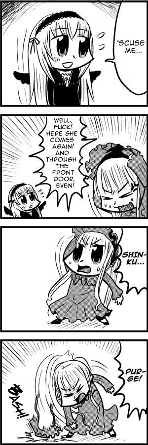 4koma bad_id bkub comic greyscale hard_translated monochrome multiple_girls ragequit rozen_maiden shinku suigintou translated