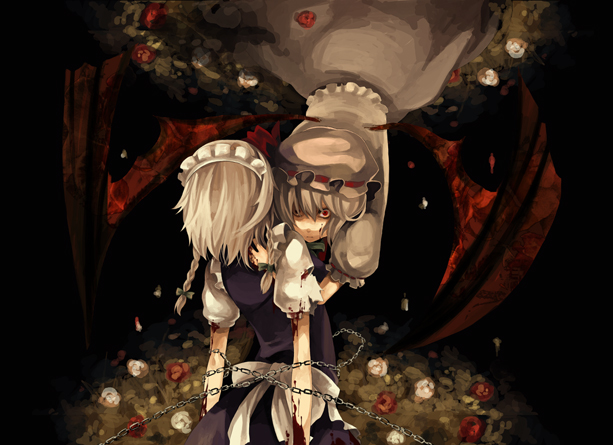 bad_id bad_pixiv_id horror_(theme) izayoi_sakuya multiple_girls remilia_scarlet riku_(wana) staring touhou