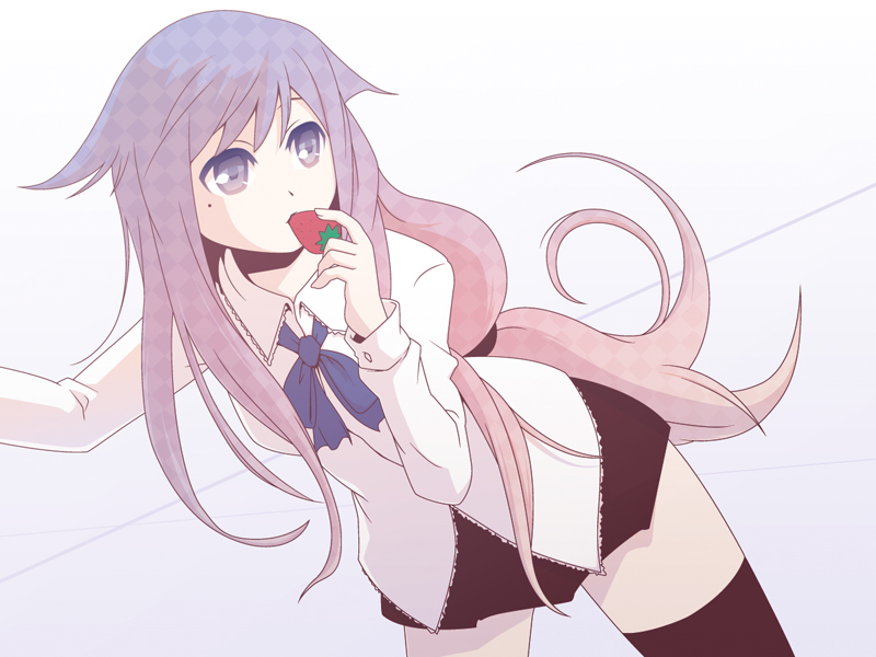 copyright_request cpu_(hexivision) food fruit holding holding_food holding_fruit long_hair mole mole_under_eye pink_hair ponytail solo strawberry thighhighs