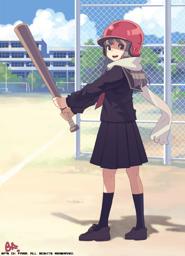:d bangs baseball baseball_bat baseball_helmet bf._(sogogiching) black_blouse black_footwear black_hair black_legwear black_skirt blouse blue_sky building chain-link_fence cloud copyright_request day fence from_side full_body helmet holding_baseball_bat kneehighs lamppost loafers long_hair long_sleeves miniskirt open_mouth outdoors outstretched_arms plant pleated_skirt red_helmet scarf school school_uniform school_yard serafuku shade shadow shoes skirt sky smile socks solo standing v_arms white_scarf