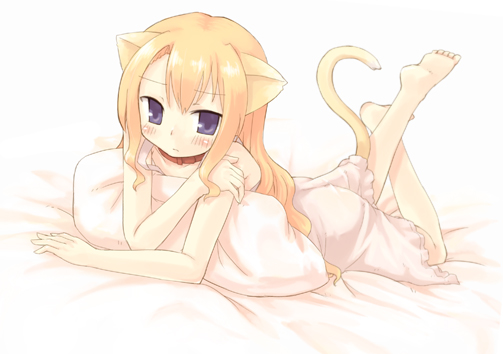 7010 animal_ears barefoot bed blonde_hair blue_eyes blush collar copyright_request feet long_hair pajamas pillow solo tail