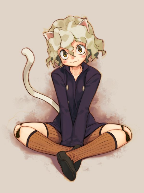 :3 androgynous animal_ears bad_id bad_pixiv_id curly_hair doll_joints hunter_x_hunter looking_at_viewer mizuki_kotora neferpitou socks solo tail yellow_eyes